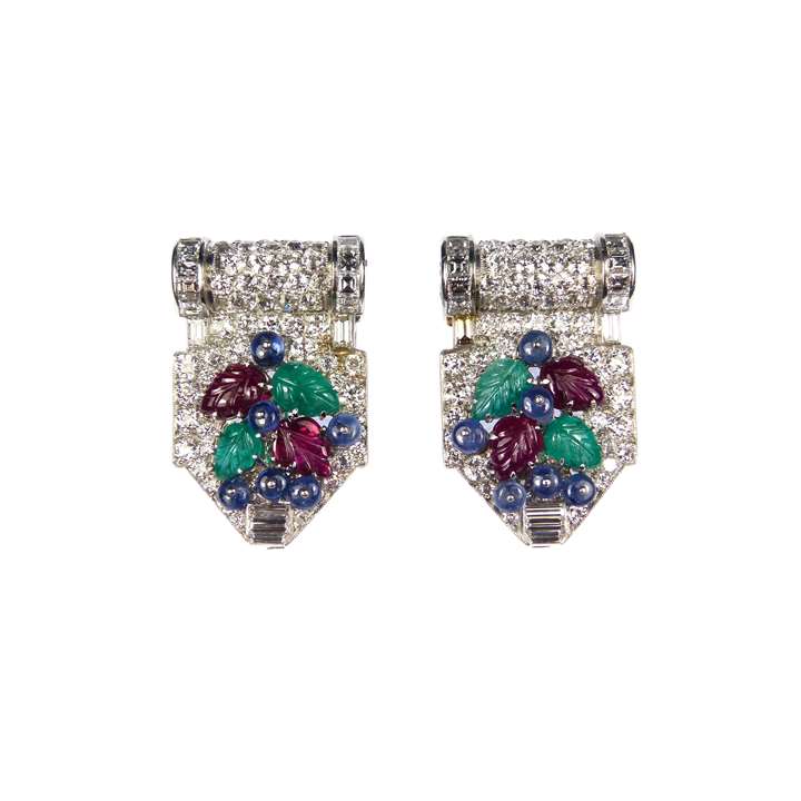 Pair of diamond and carved ruby, emerald and sapphire tutti frutti clip brooches